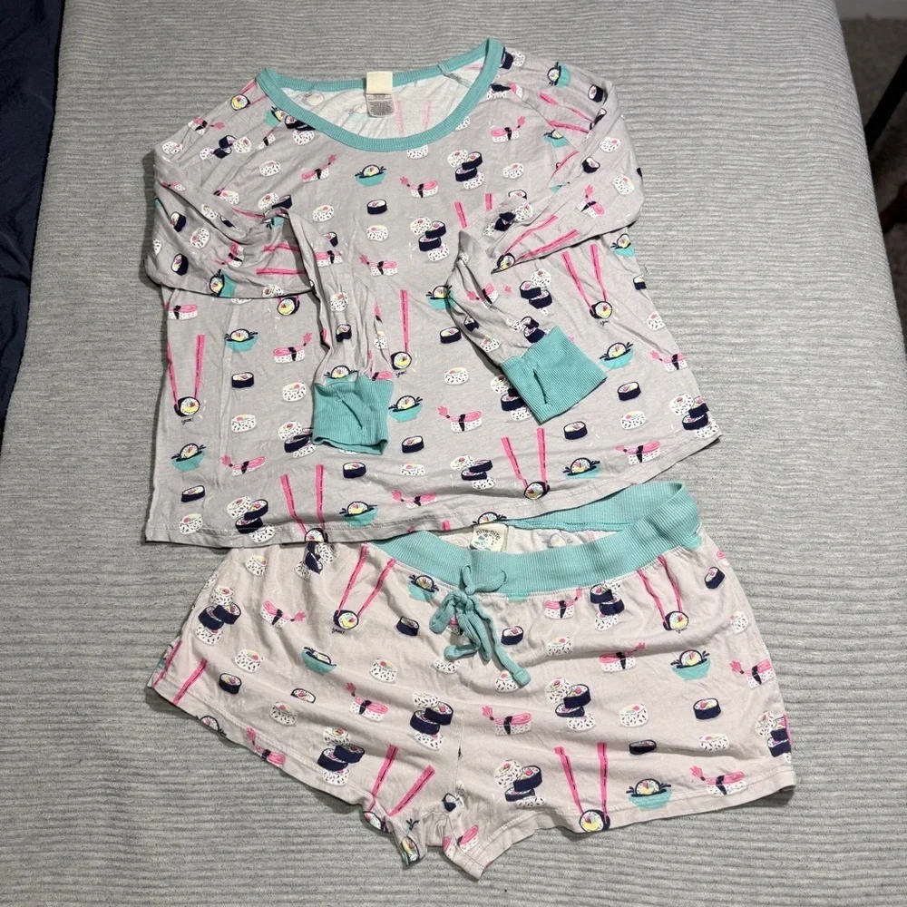 munki munki Women’s Sushi Print Novelty L/S Top and Shorts Pajama Set Size Large